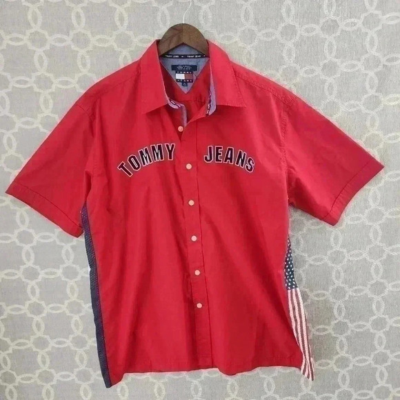 Tommy Jeans Button Up Short sleeve Mesh USA Flag Shirt Men's XL - Picture 1 of 9